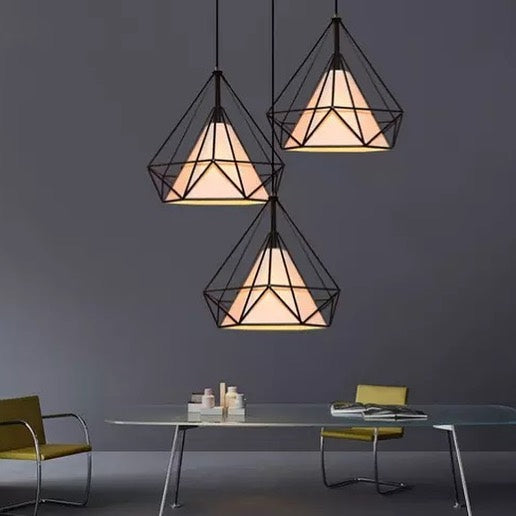 Modern Geometric Pendant Light Set with Black Wireframe