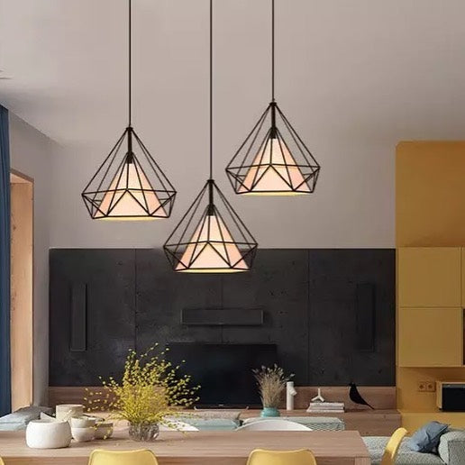 Modern Geometric Pendant Light Set with Black Wireframe