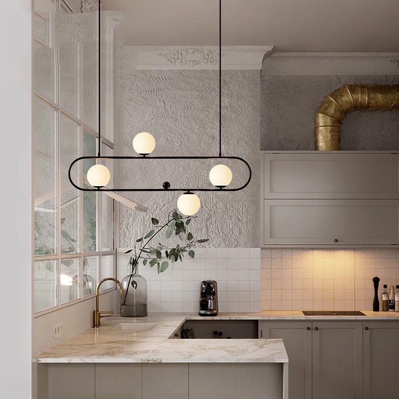 Modern Linear Pendant Light with White Globe Shades