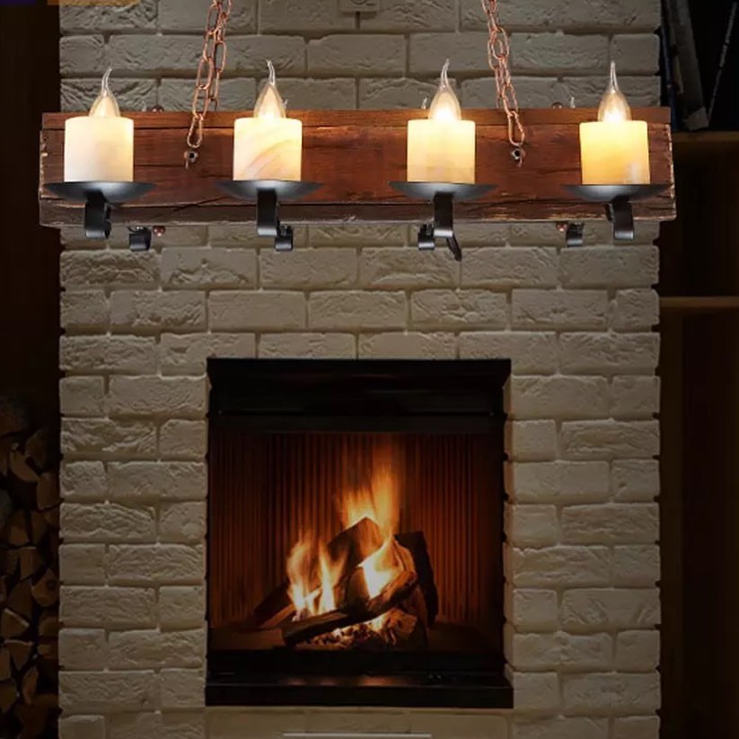 Rustic Chandelier with Wooden Beam and Candle