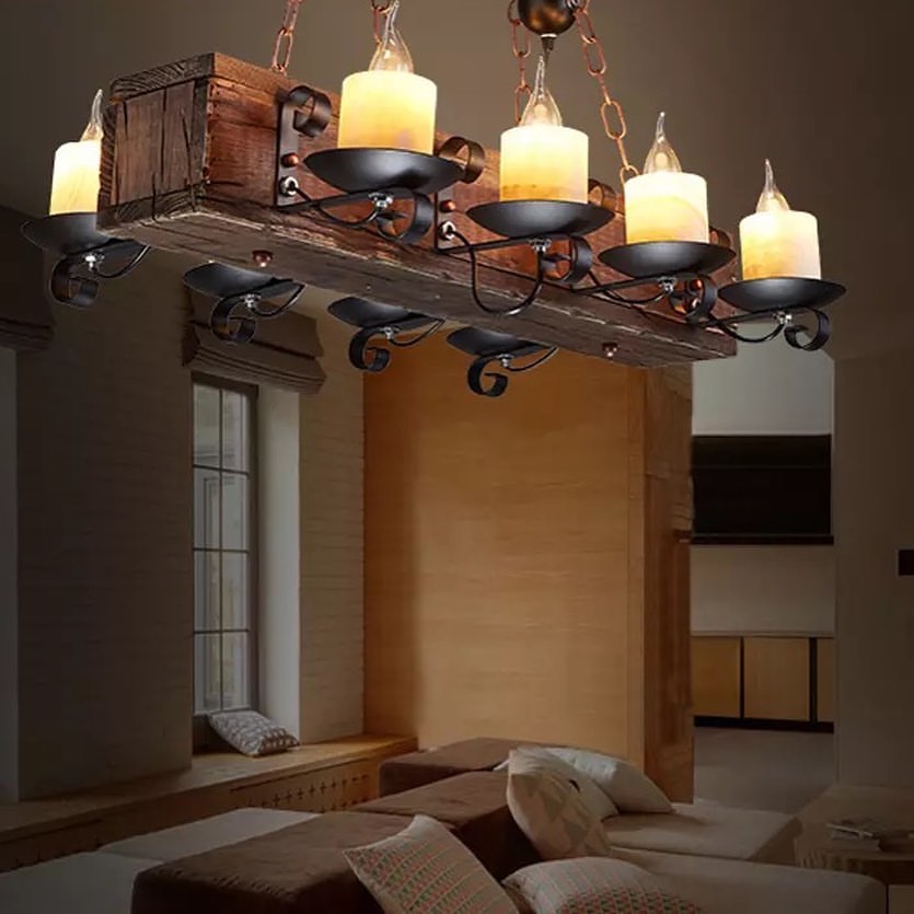 Rustic Chandelier with Wooden Beam and Candle