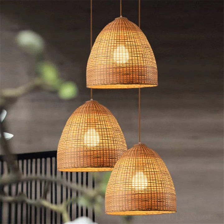 Rustic Pendant Light Set with Woven Rattan Shades