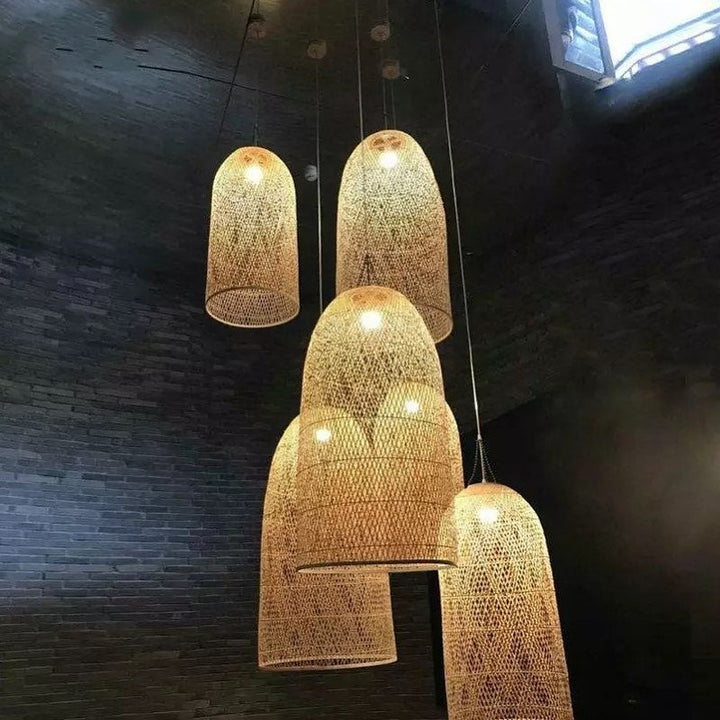 Rustic Woven Rattan Pendant Light Cluster