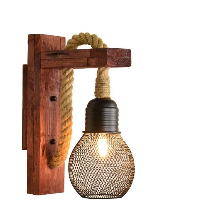 Rustic Rope and Wood Wall Sconce with Mesh Shade