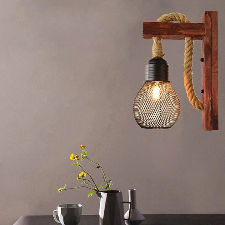 Rustic Rope and Wood Wall Sconce with Mesh Shade