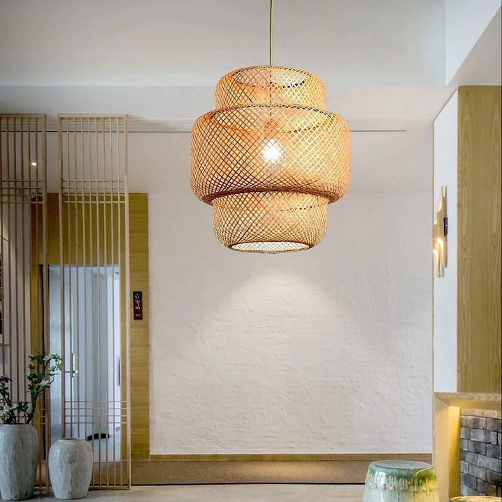 Natural Woven Pendant Light - Double Layered Design