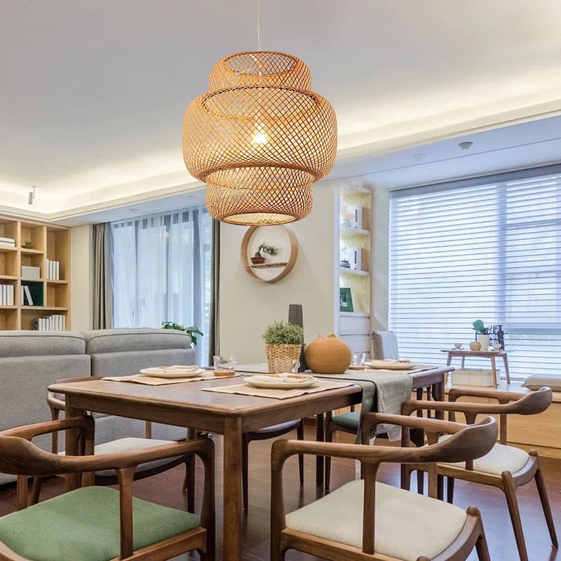 Natural Woven Pendant Light - Double Layered Design