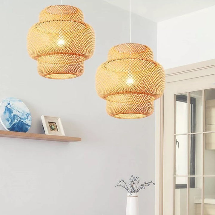 Natural Woven Pendant Light - Double Layered Design