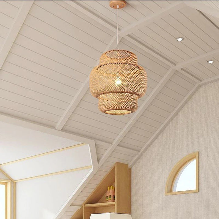 Natural Woven Pendant Light - Double Layered Design