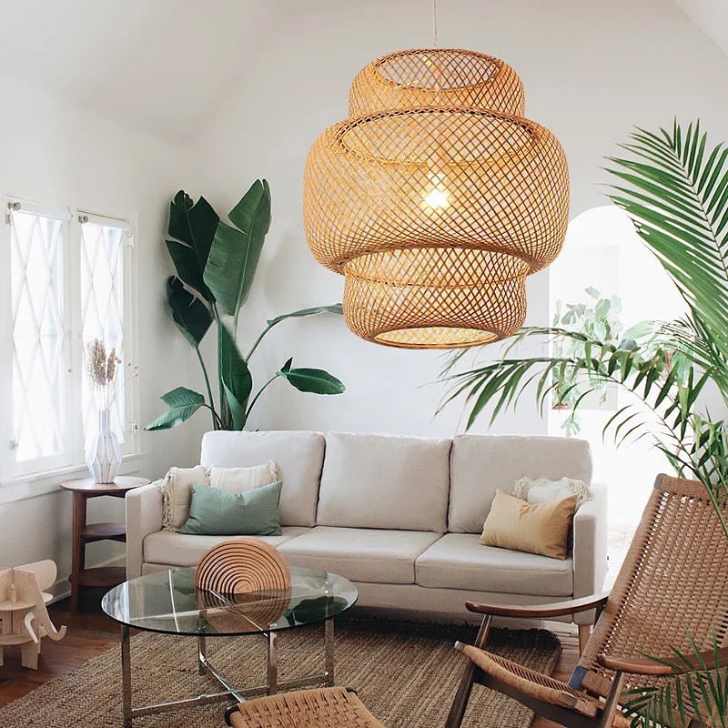 Natural Woven Pendant Light - Double Layered Design