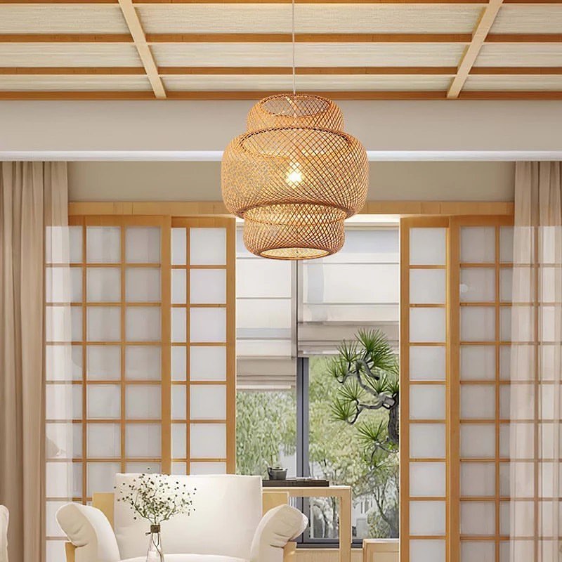 Natural Woven Pendant Light - Double Layered Design