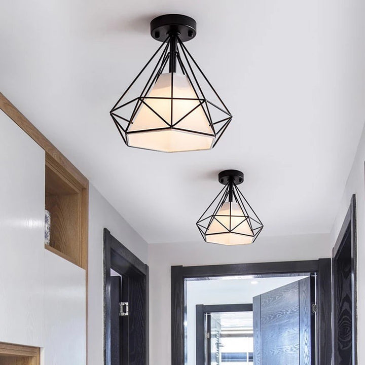 Modern Geometric Ceiling Light with Black Wireframe