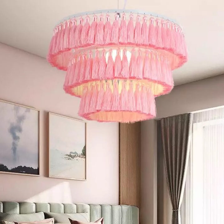 Fringed Pink Chandelier with Layered Design