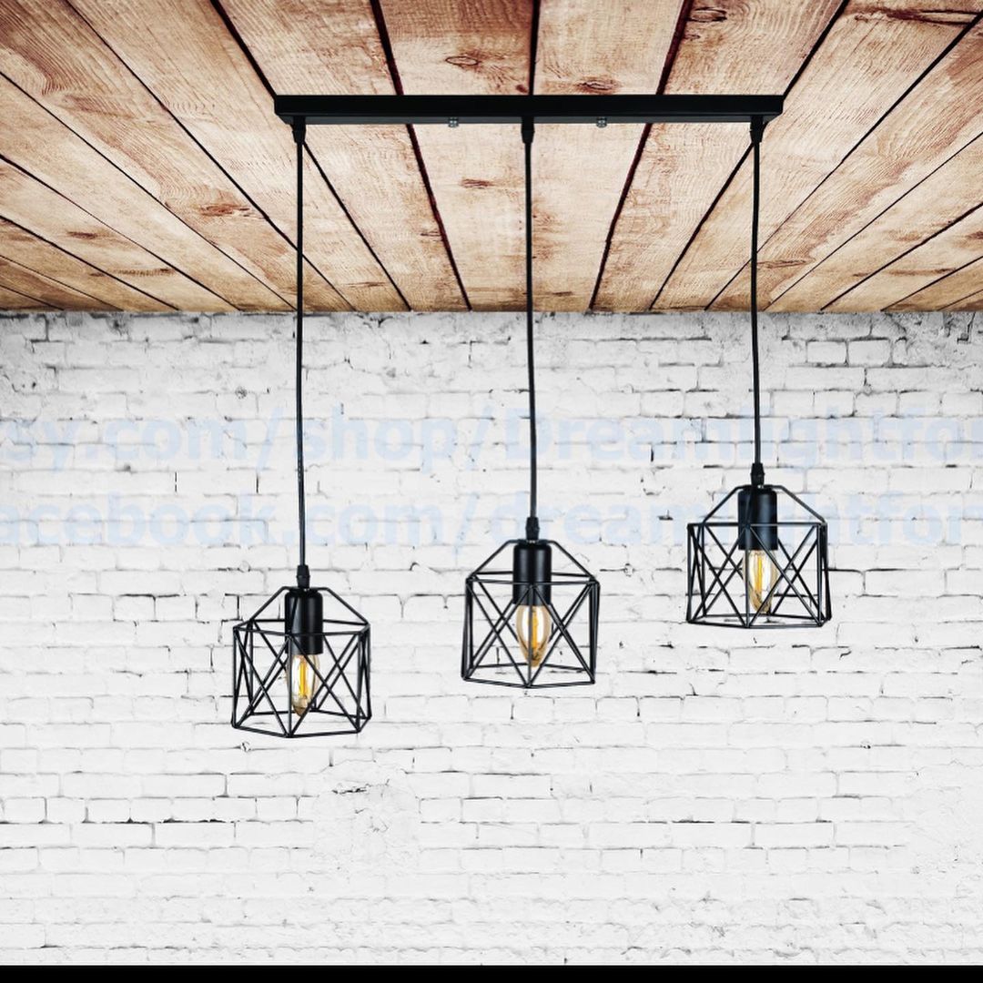 Industrial Pendant Light with Geometric Wireframe Shades