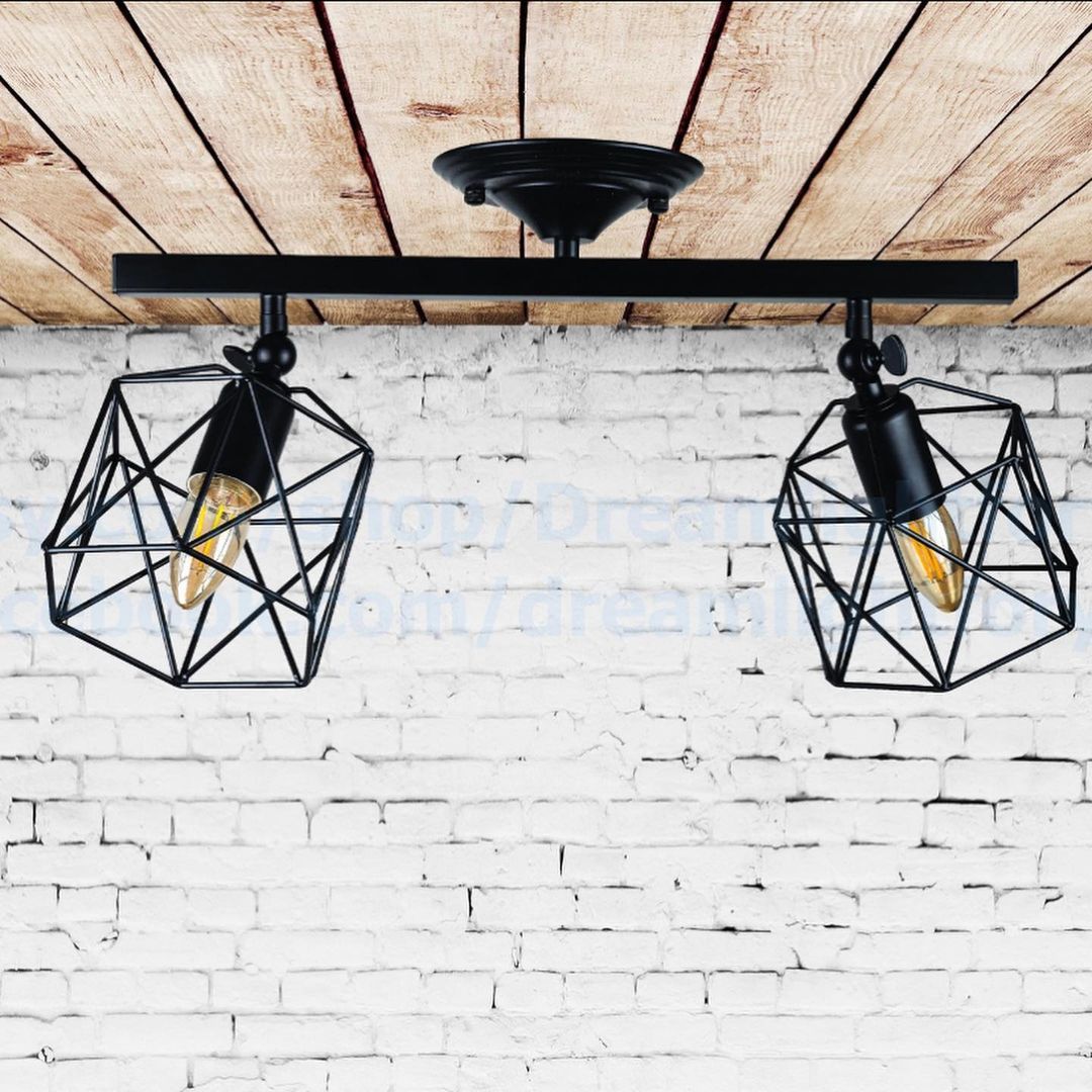 Industrial Pendant Light with Geometric Wireframe Shades