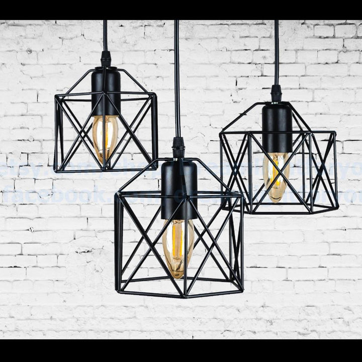 Industrial Pendant Light with Geometric Wireframe Shades