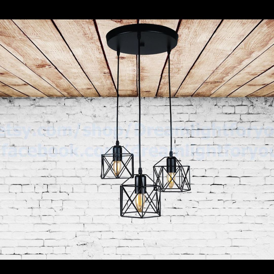 Industrial Pendant Light with Geometric Wireframe Shades