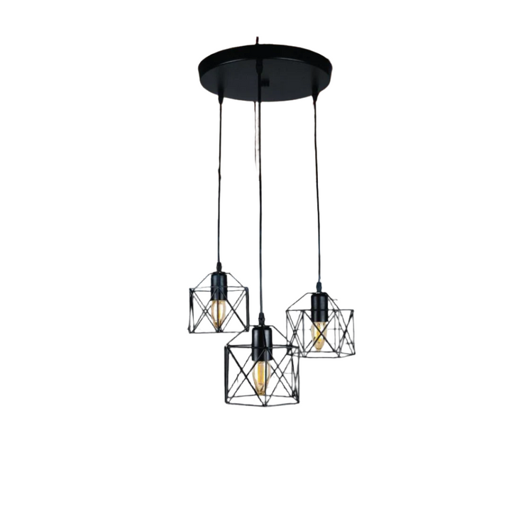 Industrial Pendant Light with Geometric Wireframe Shades