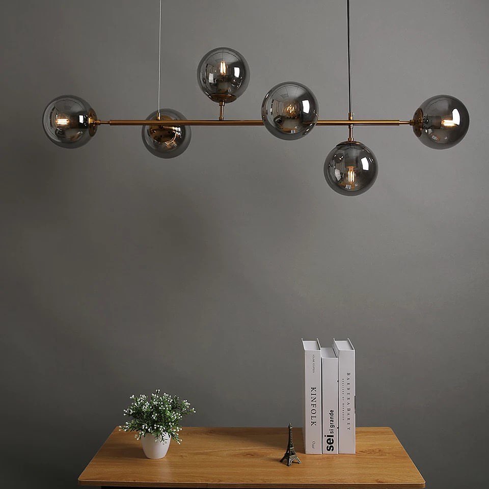 Modern Linear Chandelier with Smoky Glass Globes