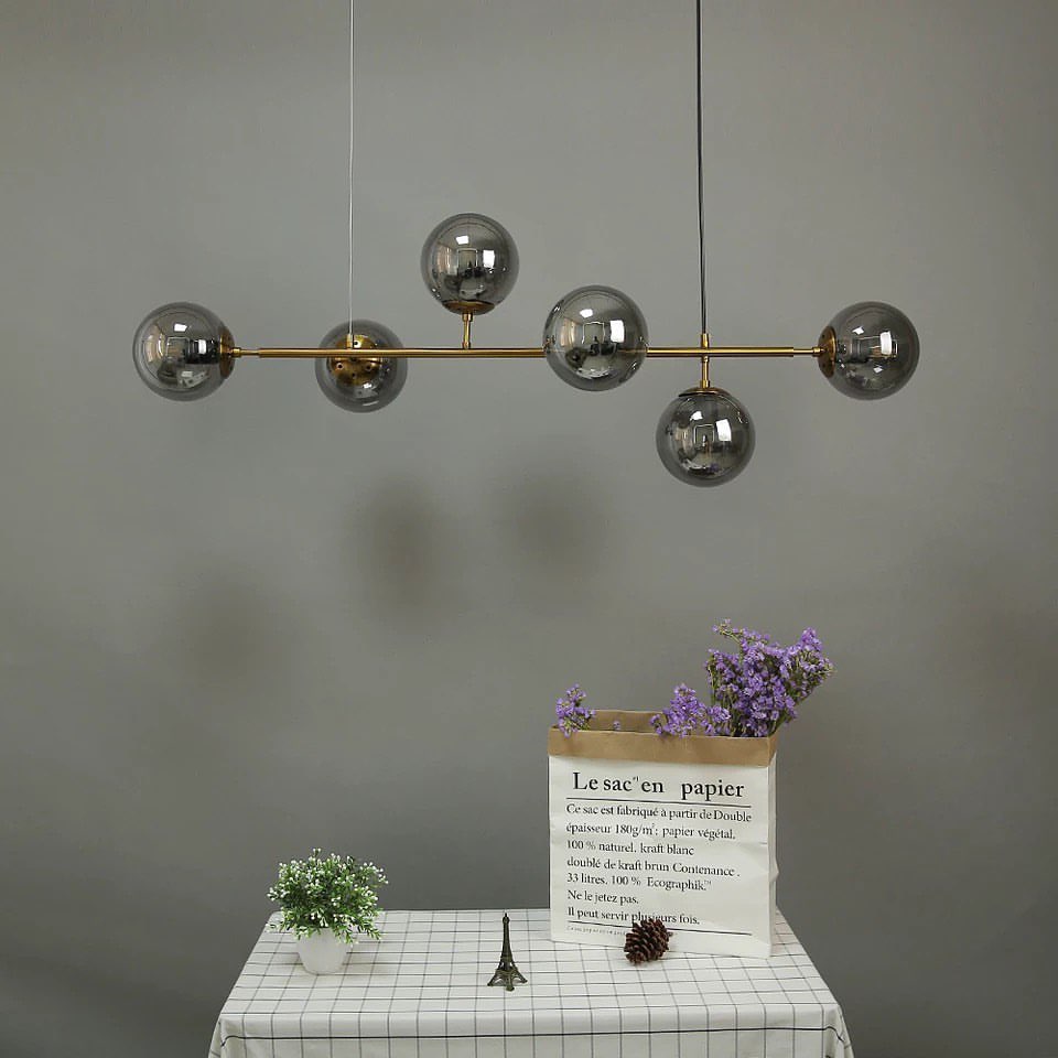 Modern Linear Chandelier with Smoky Glass Globes