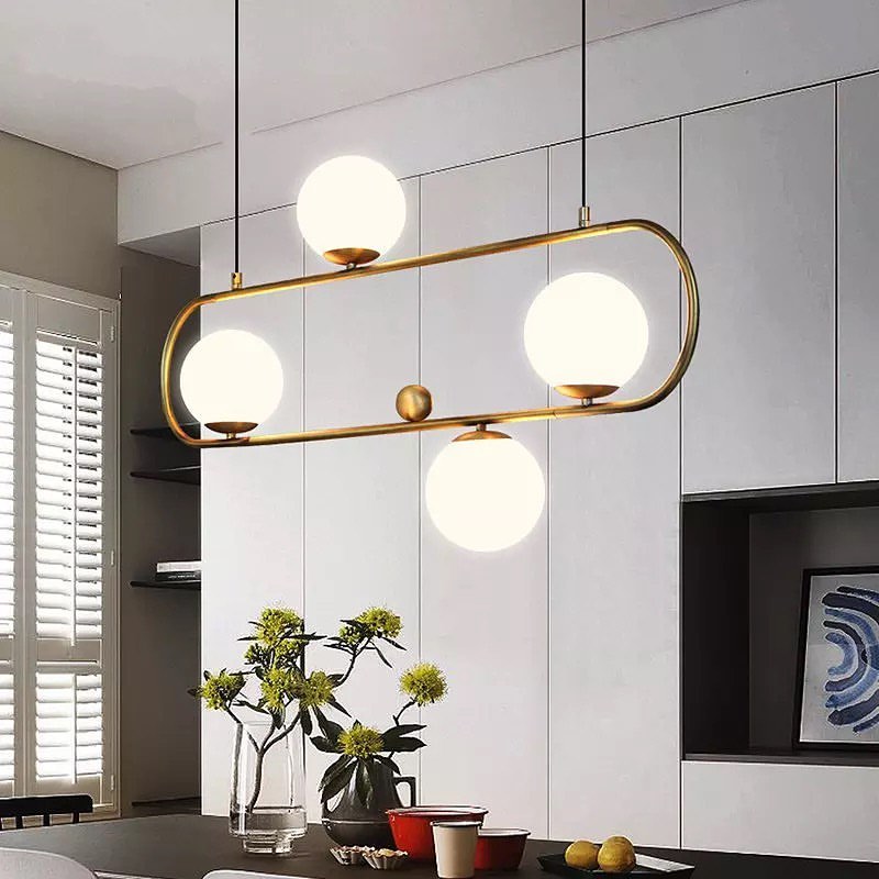 Modern Gold Frame Pendant Light with White Globes