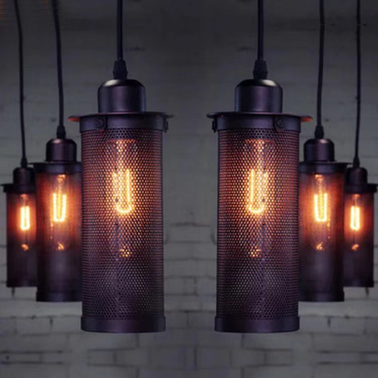 Industrial Pendant Light with Cylindrical Mesh Design