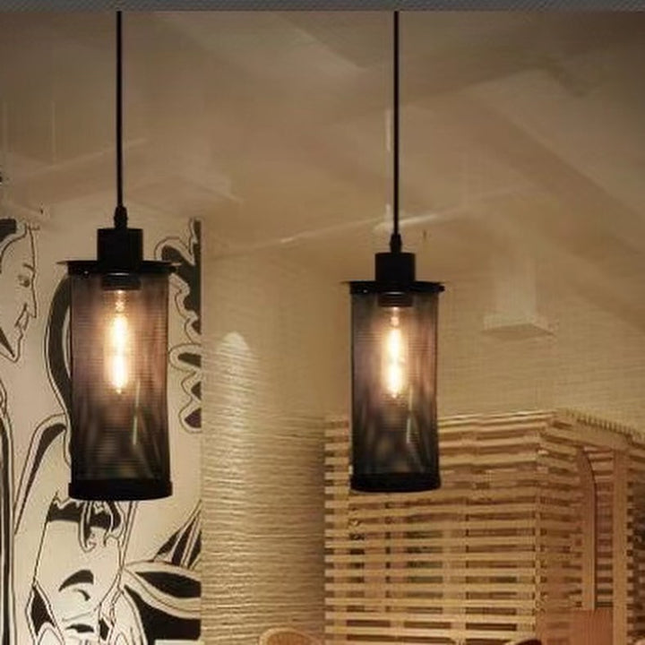 Industrial Pendant Light with Cylindrical Mesh Design