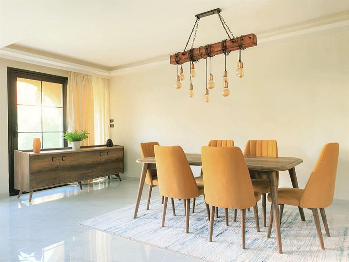 Rustic Log Beam Chandelier with Hanging Edison Bulbs