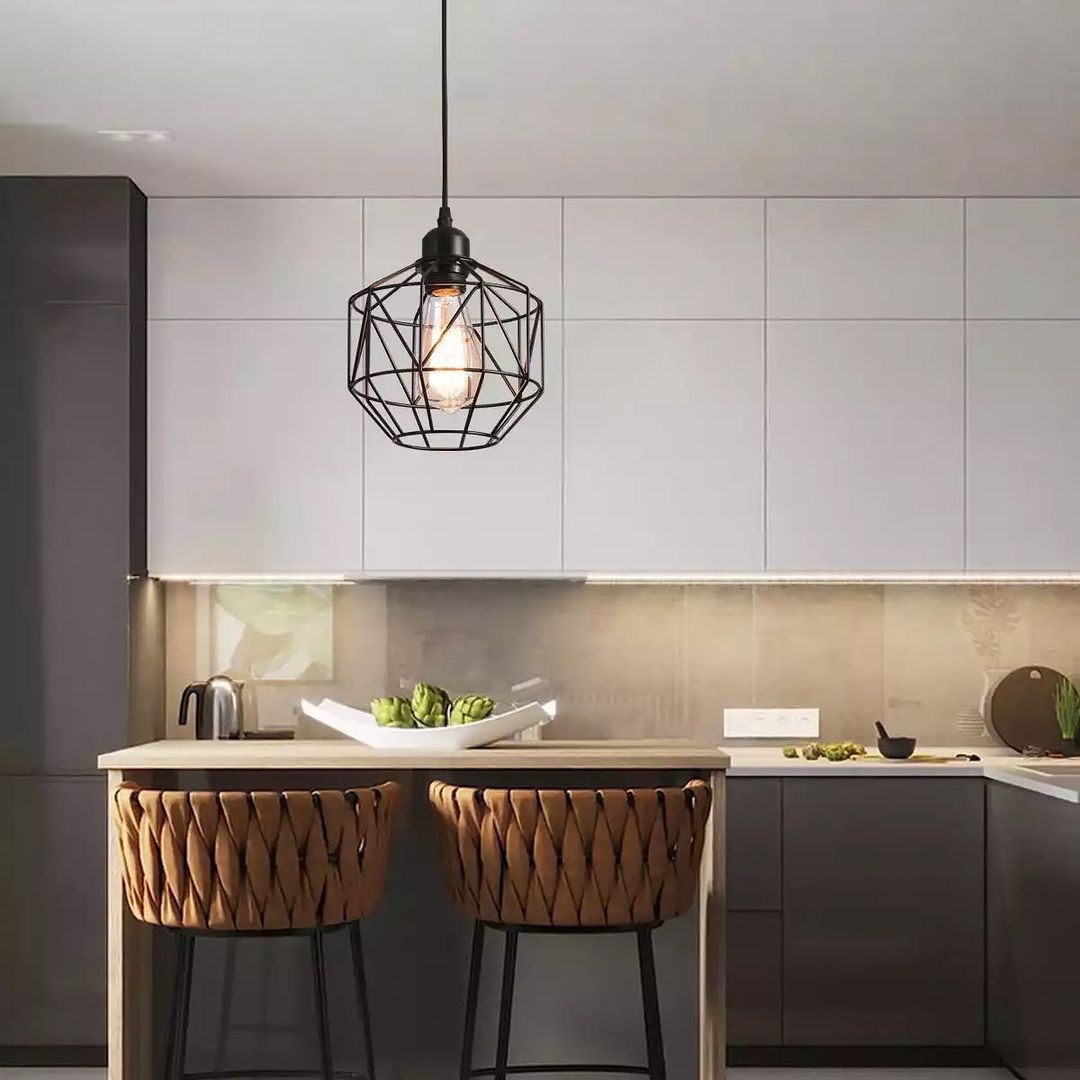 Industrial Pendant Light with Geometric Wireframe