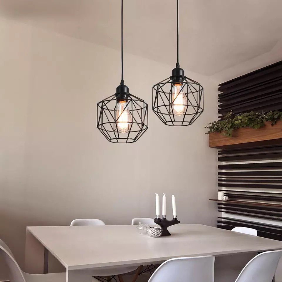 Industrial Pendant Light with Geometric Wireframe