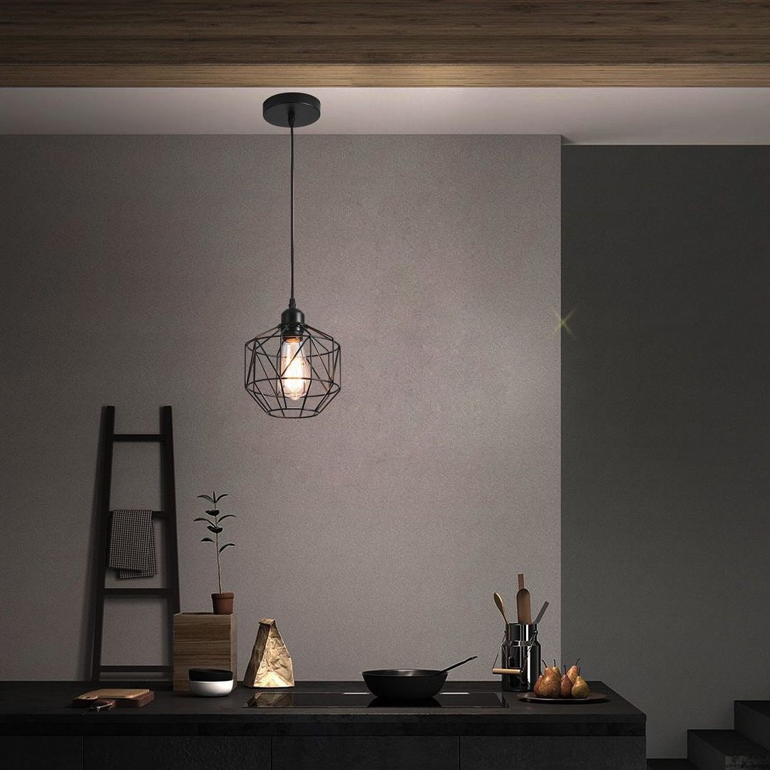 Industrial Pendant Light with Geometric Wireframe