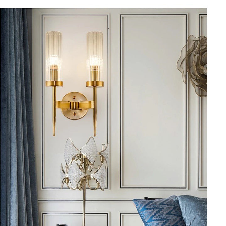 Modern Double Wall Sconce with Brass Finish and Glass Shades