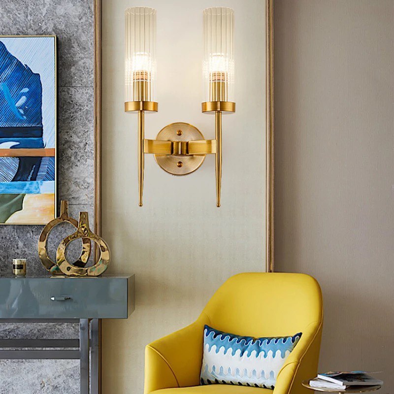 Modern Double Wall Sconce with Brass Finish and Glass Shades