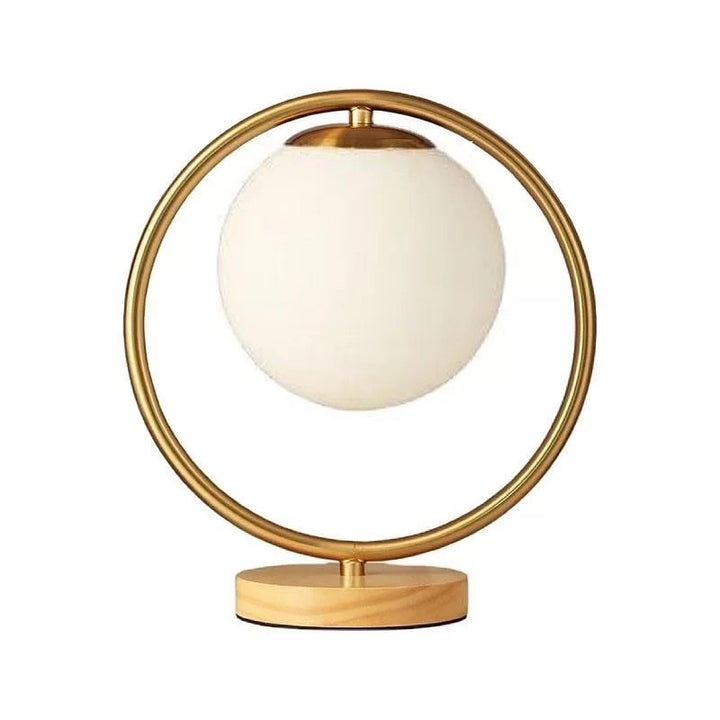 Modern Table Lamp with Circular Gold Frame and White Globe Shade