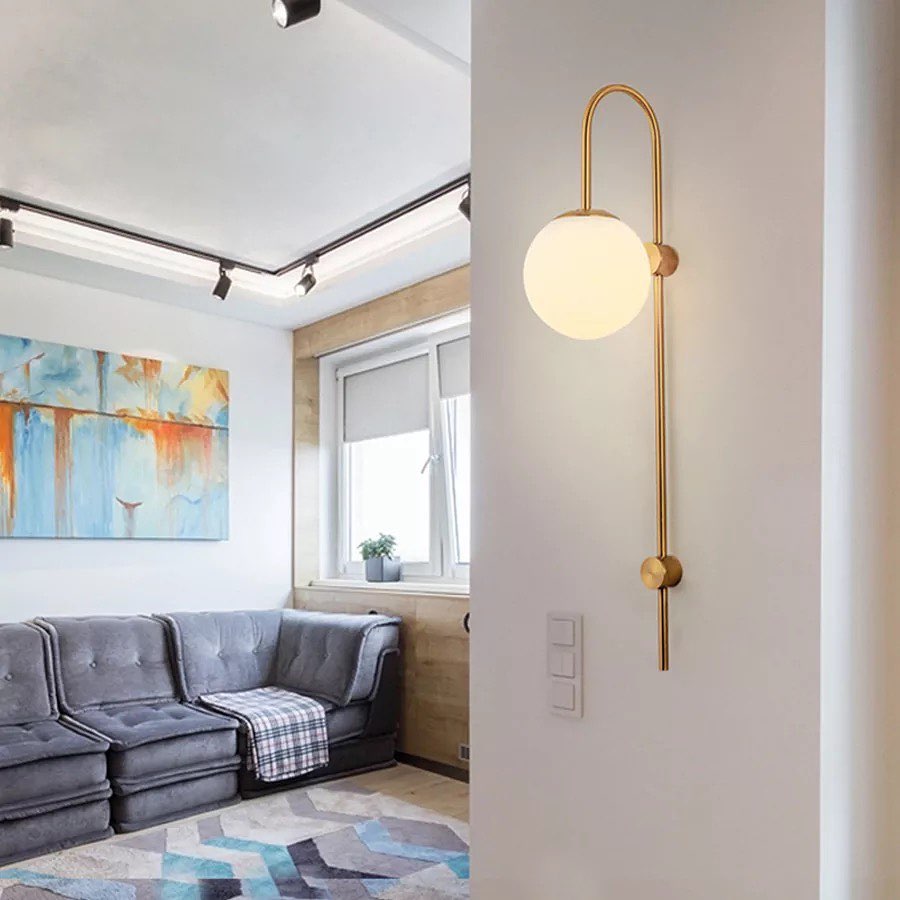 Modern Wall-Mounted Light - Gold with White Globe Shade