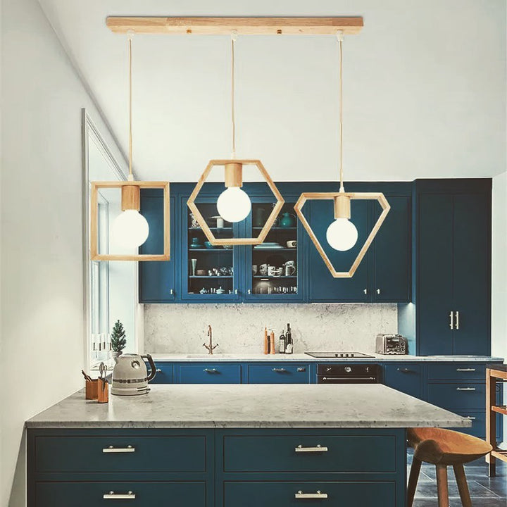 Geometric Wood Frame Pendant Light Trio - Scandinavian Style
