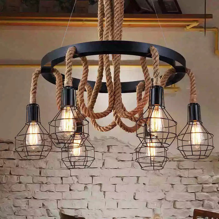 Rustic Rope Chandelier with Cage Shades