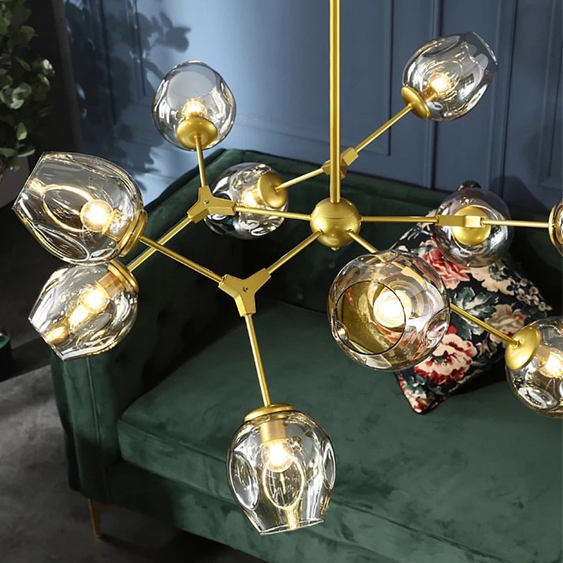 Modern Branch Chandelier - Amber Glass and Gold Design