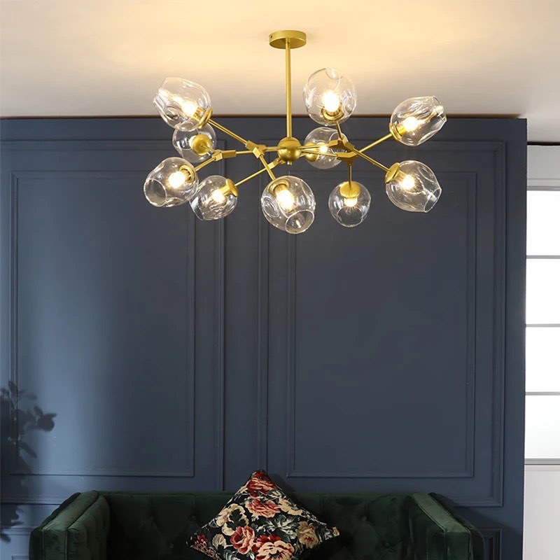 Modern Branch Chandelier - Amber Glass and Gold Design