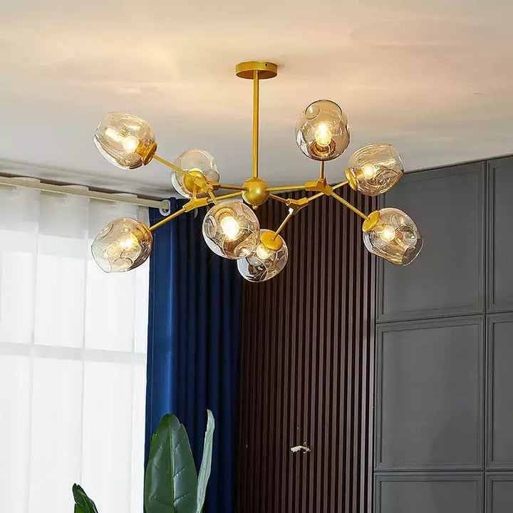 Modern Branch Chandelier - Amber Glass and Gold Design