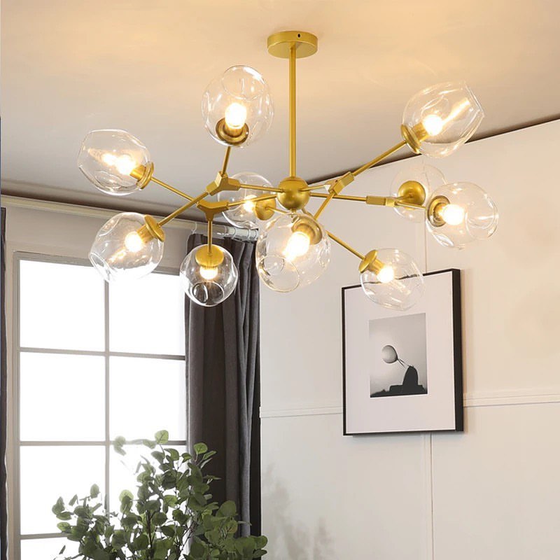 Modern Branch Chandelier - Amber Glass and Gold Design