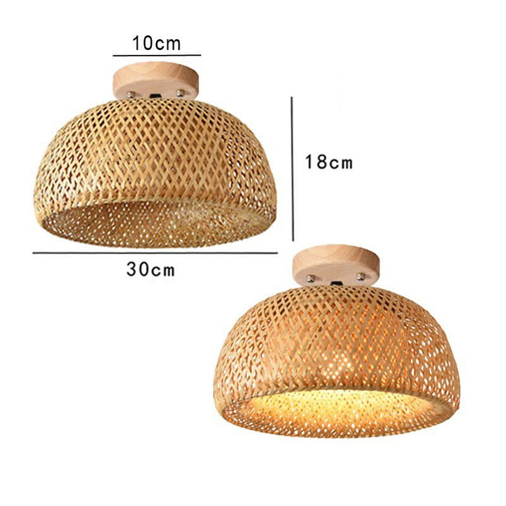 Rustic Woven Rattan Ceiling Light with Natural Wooden Base