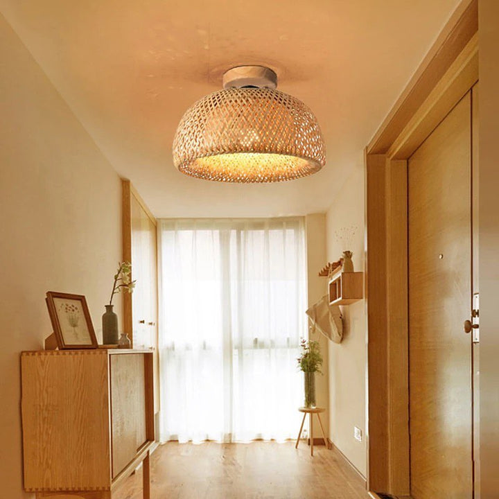 Rustic Woven Rattan Ceiling Light with Natural Wooden Base