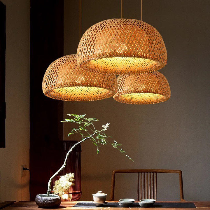 Rustic Woven Bamboo Pendant Light - Natural Finish