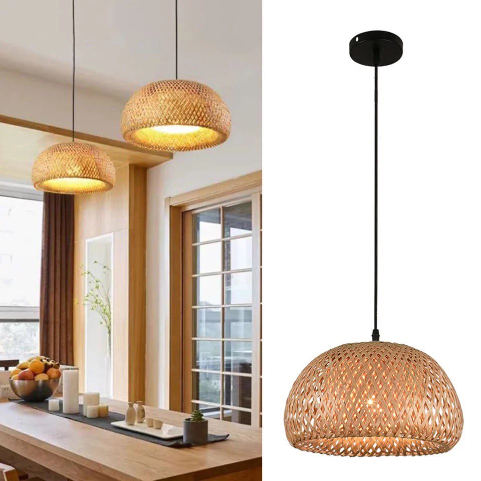 Rustic Woven Bamboo Pendant Light - Natural Finish