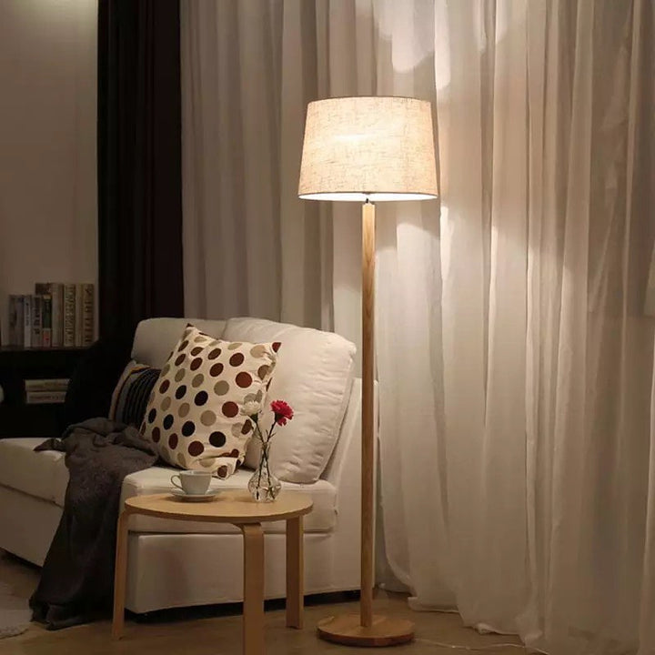 Modern Floor Lamp with Wooden Stand and Fabric Shade