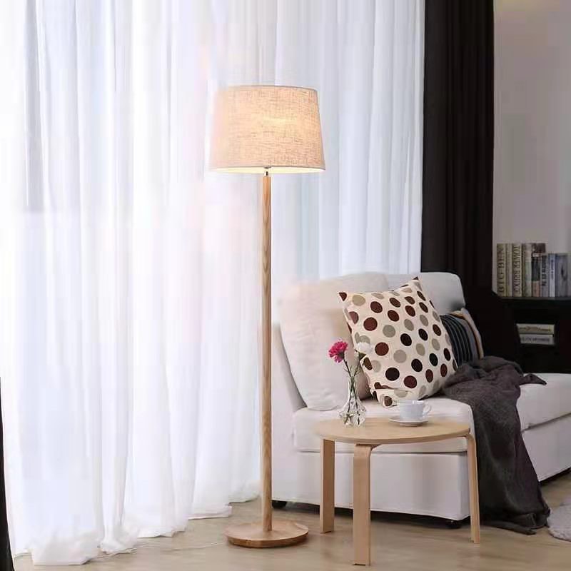 Modern Floor Lamp with Wooden Stand and Fabric Shade