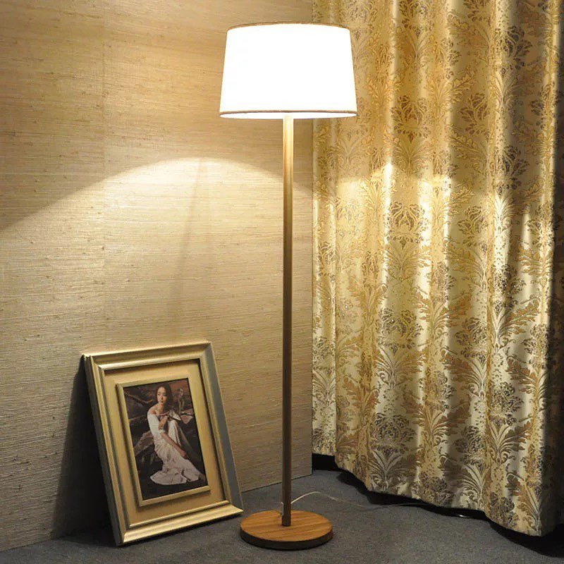 Modern Floor Lamp with Wooden Stand and Fabric Shade