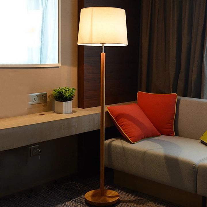 Modern Floor Lamp with Wooden Stand and Fabric Shade