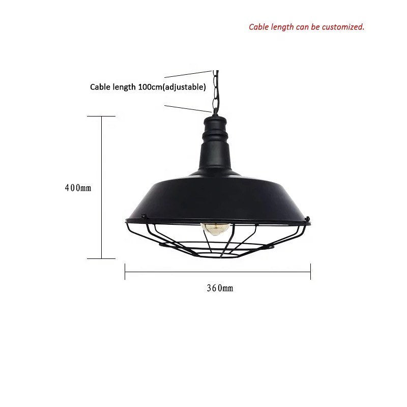 Industrial Pendant Light with Black Dome and Wire Cage